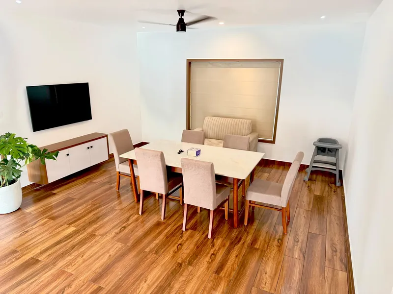 Warm wood dining and living space